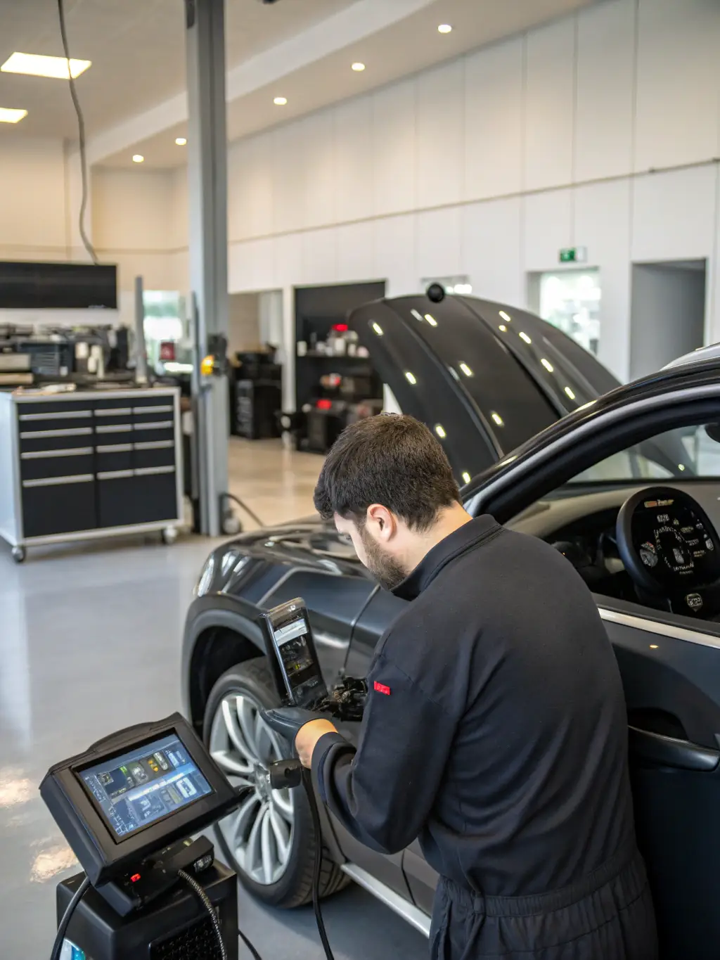 Technician inspecting a car's dashboard with diagnostic tools, identifying audio system issues, showcasing the detailed diagnostic process.