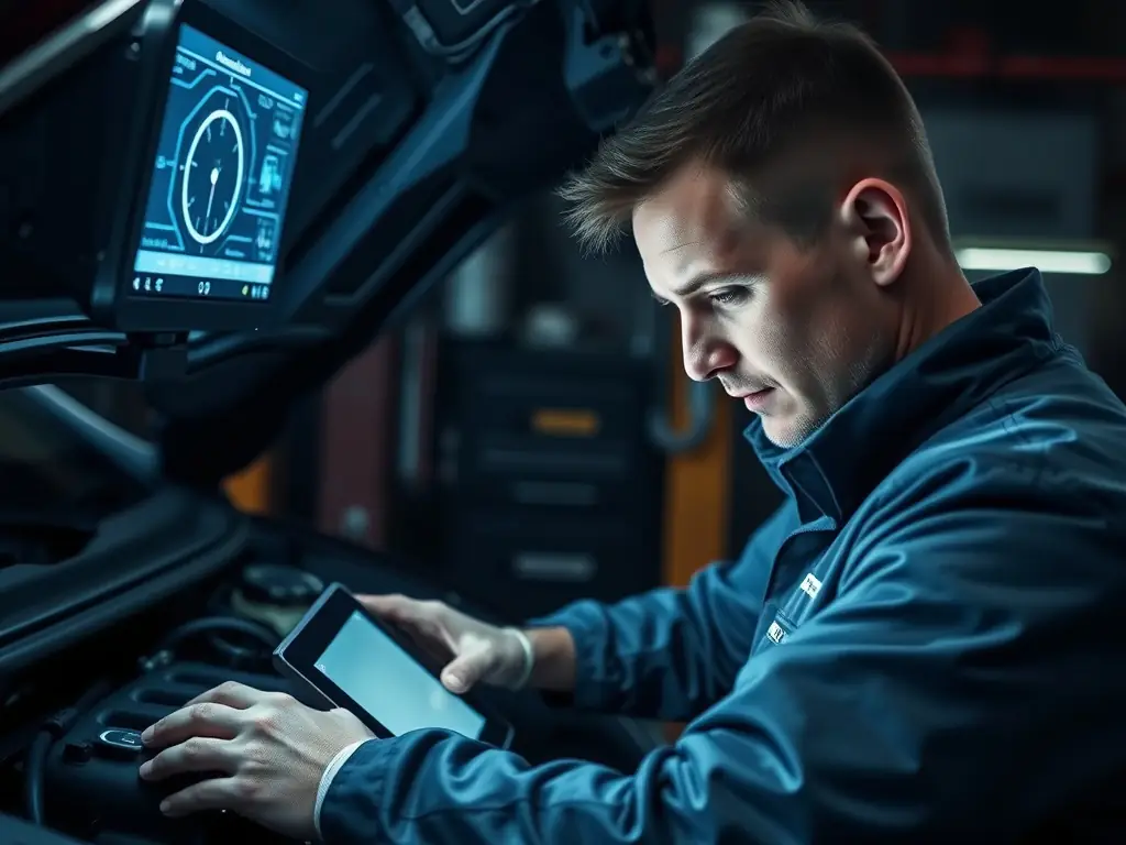 A technician diagnosing a car audio system with diagnostic tools, highlighting the troubleshooting process and technical expertise involved.