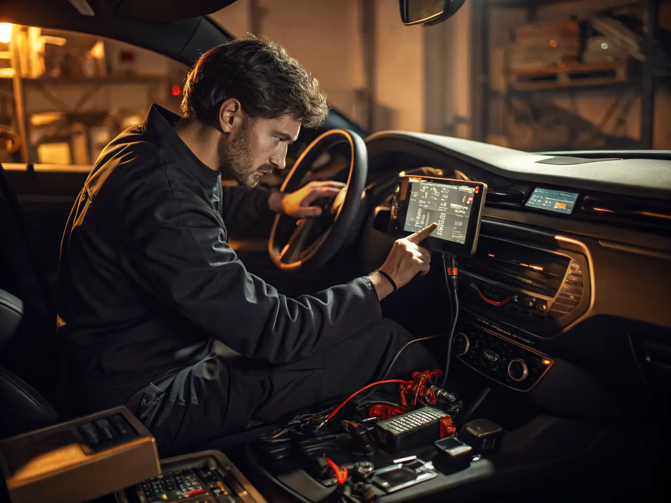 A professional technician installing a high-end car audio system in a modern vehicle, focusing on the precision and care taken during the installation process.