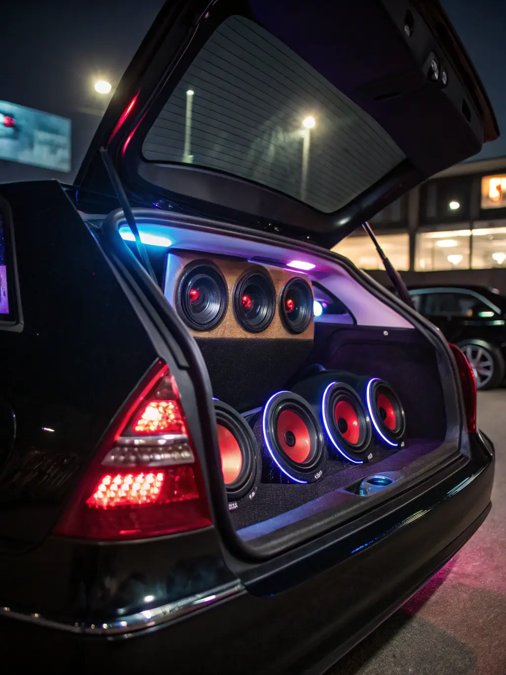 A modern car interior with a high-quality audio system, showcasing the sleek integration and enhanced audio experience.