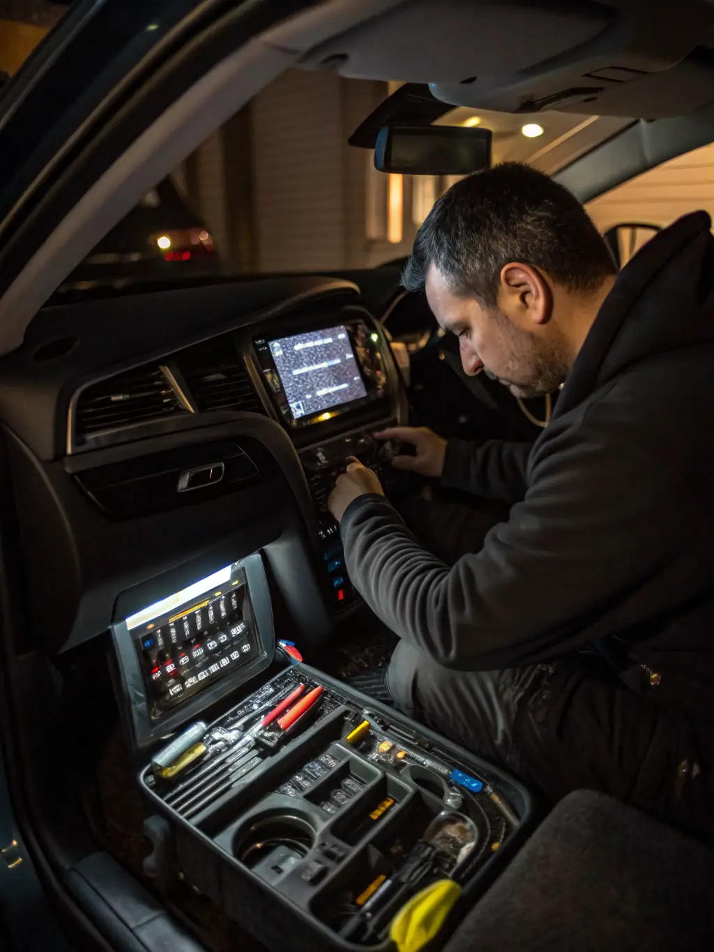 Technicians installing a premium car audio system in a modern vehicle, with tools and equipment visible, focusing on the precision and care taken during the installation process.