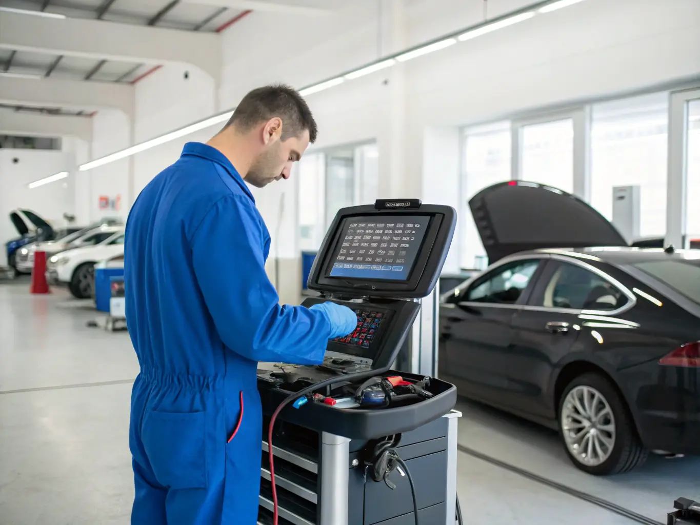A technician using diagnostic tools to troubleshoot a car's audio system, highlighting the precision and expertise involved in the repair process.