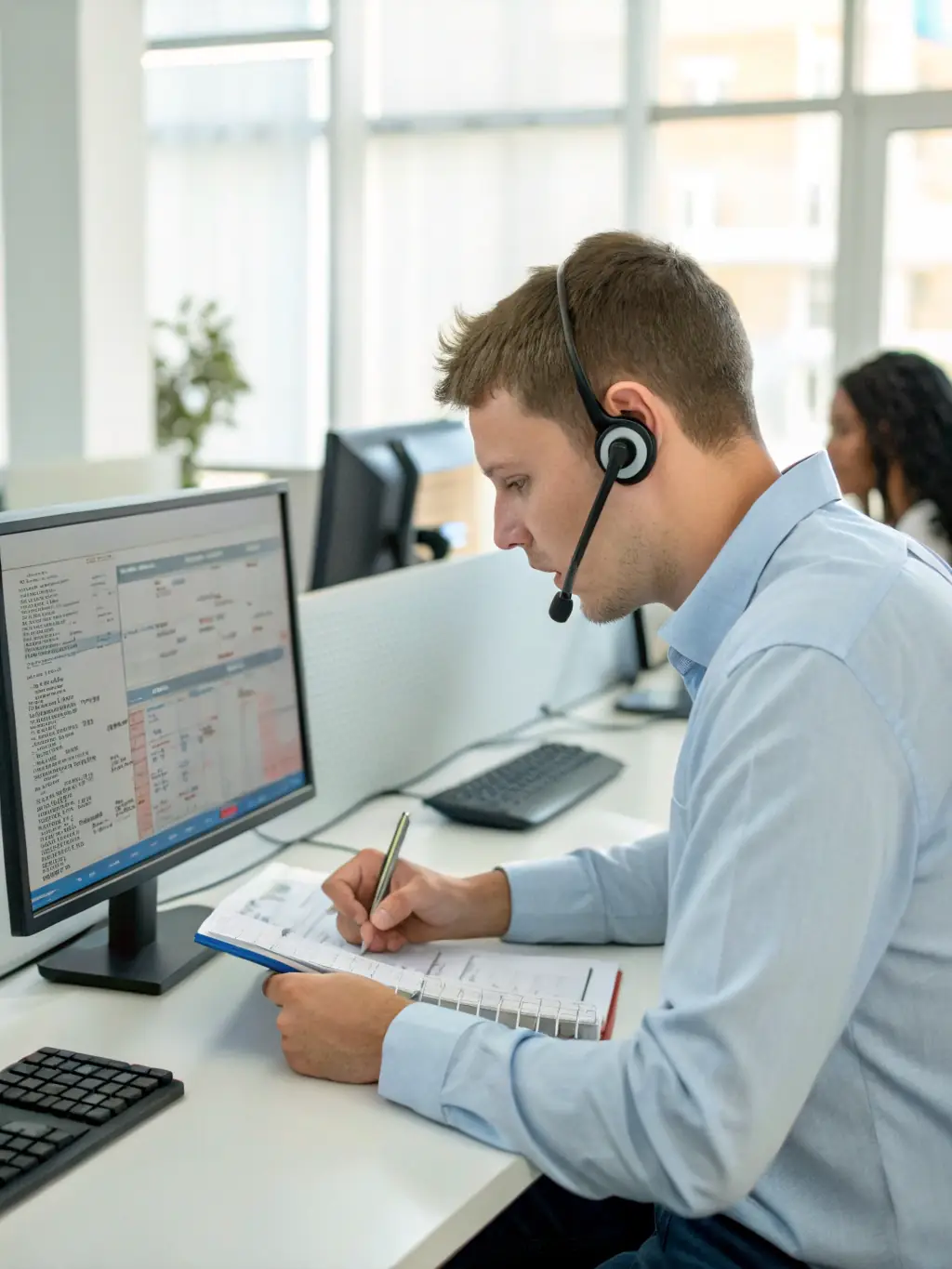 Customer support technician providing remote assistance via computer, with car audio system in the background, emphasizing the convenience of remote support.